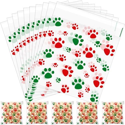Pasimy 300 Pcs Paw Dog Treat Bags Clear Cellophane, Christmas Color by Pasimy