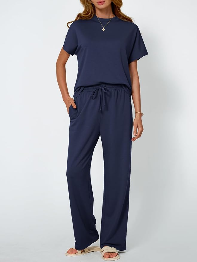 AUTOMET Women's 2 Piece Matching Lounge Sets 2026 Summer Mock Neck Sweatsuits Short Sleeve Loungewear Travel Outfits - Image 2