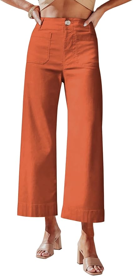 miduo Womens High Waisted Cropped Wide Leg Stretchy Straight Pants Trousers with Pockets by miduo