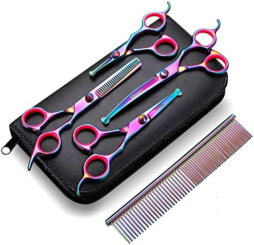 Gimars Professional 4CR Stainless Steel 6 in 1 Grooming Scissors for Dogs with Safety Round Tip, Heavy Duty Titanium Coated Pet Grooming Scissor for Dogs, Cats and Other Animals by Gimars