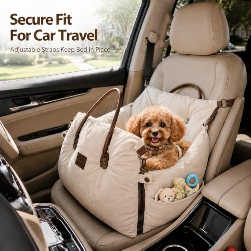 Pet Car Seat with Safety Tether, Carry Handles and Non-Slip Base,Offwhite - Image 2