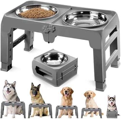 Elevated Dog Bowls for Large Dogs 5 Adjustable Heights 7.5"-15.4", 2 X-Large 10” Stainless Steel Bowls, Heavy Duty Raised Dog Bowl Stand Foldable Pet Feeder for Dogs Shoulder Height Over 15”, Grey by COMESOON
