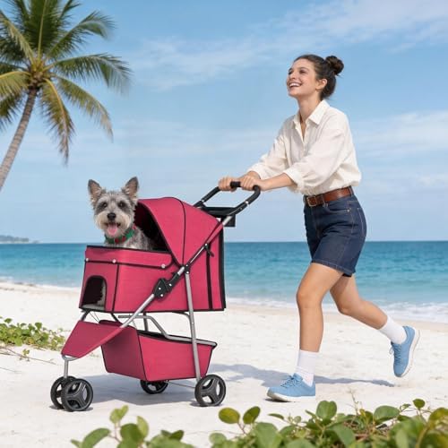 BestPet | 3-Wheel Pet Stroller | Red | Foldable Dog and Cat Stroller - Image 2