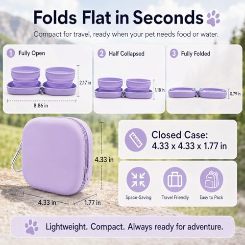 Portable Dog Bowl, Collapsible 2-in-1 Travel Dog Bowls with Carabiner Clip, Silicone Double Pet Food and Water Dish for Outdoor Camping and Hiking (Purple) - Image 3