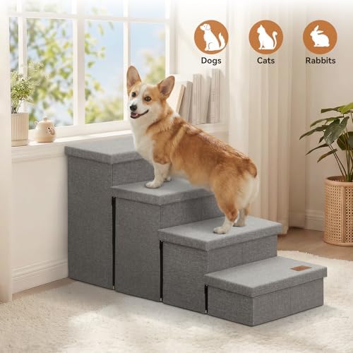 Zerbuger Dog Stairs with Storage, Grey 4 Steps Dog Ramp no Condo for Bed - Image 3