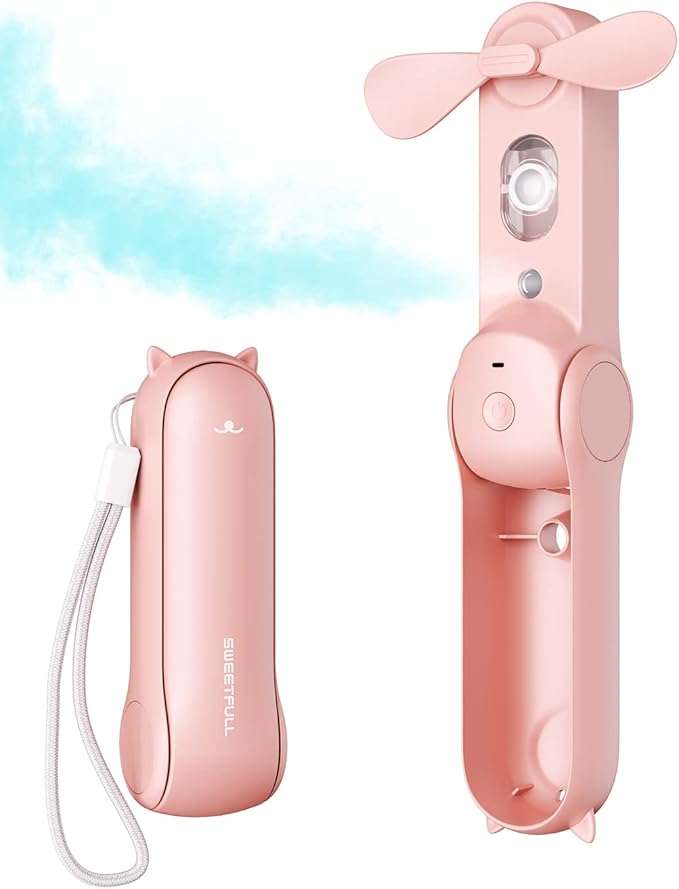 SWEETFULL Misting Fan Portable, Handheld Personal Mister Fans, Small Fan Rechargeable, Mini Spray Water Mist, Kids Women Portable Fans For Travel, Outdoors, Hiking, Camping Home Office (Pink) by SWEETFULL