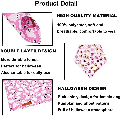 ADOGGYGO Halloween Dog Bandanas Girl, Pink Pumpkin Ghost Dog Scarf, Large - Image 5