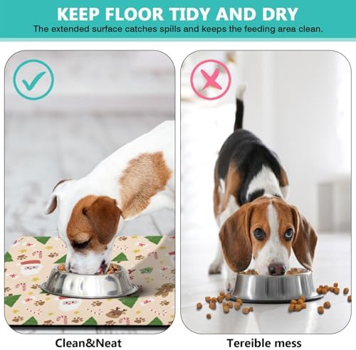 Christmas Dog Food & Water Mat, Paw Prints Santa Claus Snowman Xmas Pet Feeding Mat for Floor Non-Slip Waterproof, Super Absorbent Cat Bowl Mat, Easy to Clean Pet Placemat,24" × 32" - Image 5