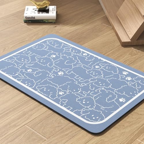 Pet Feeding Mat-Absorbent Dog Mat for Food and Water Bowl-No Stains Quick Dry Water Dispenser Mat-Dog Accessories Pet Supplies-Bowl for Messy Drinkers（BLUEDOGS,12"x19" by PADOOR