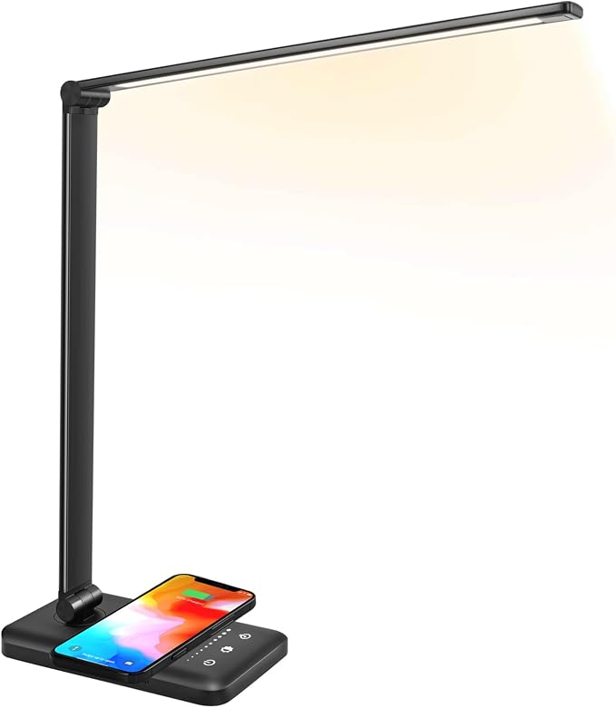 LED Desk Lamp with Wireless Charger, USB Charging Port, 10 Brightness, 5 Color Modes, Desk Lamps for Home Office, Dimmable Table Lamp Eye Caring Reading Light, Touch Control, Auto Timer, Black - Image 9