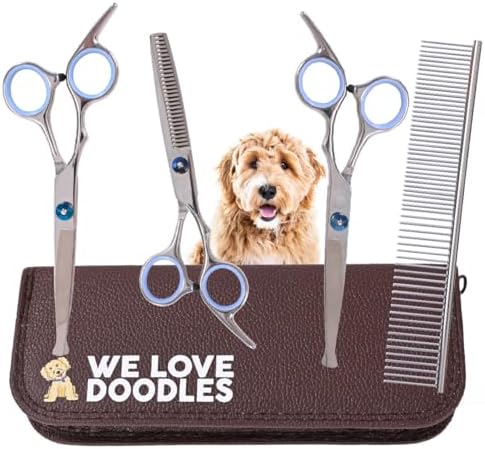 Dog Grooming Scissors Kit with Rounded Blunt Tips, Straight, Curved & Thinning Shears, Tools for Goldendoodles, Poodles & Doodles, Professional Grade Stainless Steel, 4 Pc Set [We Love Doodles] by WeLoveDoodles