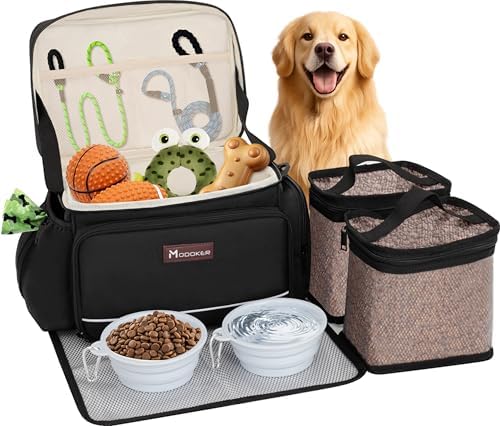 Modoker Large Dog Travel Bag Set with 2 Bowls and Food Bags, 17L Black by Modoker