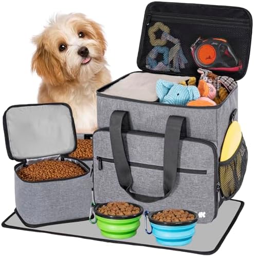 5 Set Dog Travel Bag for Supplies, Dog Lovers, Large Pet Travel Kit Includes 2 Food Containers&2 Collapsible Bowls、Placemats,Grey by LASUK