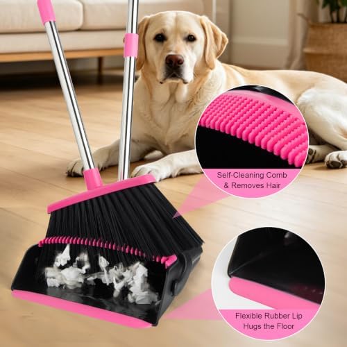 Broom and Dustpan Set,Long Handle Lightweight Dustpans with Broom Combo for Home,Indoor&Outdoor Sweeping for Home Room Kitchen Office Lobby (Black Pink) - Image 6