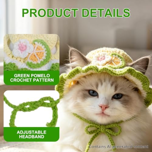 Pomelo Cat Hat, Cotton & Soft Cute Knitted Hats for Cats Birthday Party Spring Christmas Puppy Hat for Small Pets (Green,M) - Image 3