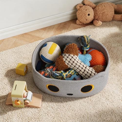 Gray Cat Toy Basket, Small Woven Cat Toy Storage Box with Cute Ears Handle Indoor, Cotton Rope Storage Bin with Embroidered Face for Home Decor, Pet Bed, Nursery Kids Room Organization - Image 4