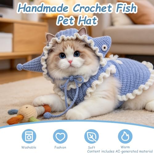 Fish Cat Hat, Cotton & Soft Cute Knitted Hats for Cats Birthday Party Spring Christmas Puppy Hat for Small Pets (Blue,M) - Image 7