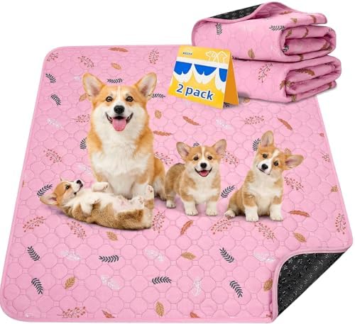 Sunheir 2-Pack Extra Large Reusable Dog Mat for Floor, Dog Playpen, Non-Slip Waterproof Super Absorbent Washable Pee Pads for Dogs, Pet Whelping Pads, Potty Training - Pink, 36" x 48" by SUNHEIR