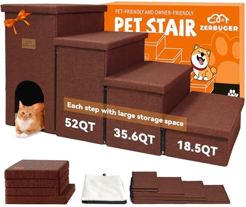 Zerbuger Dog Stairs with Storage, Brown 4 Steps Dog Ramp with Condo for Bed by Zerbuger