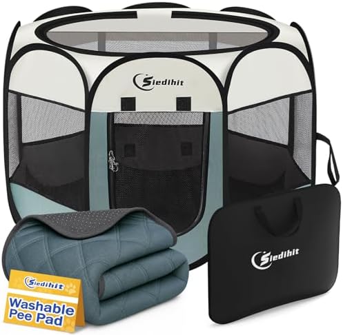 Siedihit Dog Pet Playpen Tent Crate Cage with Washable Pee Pad, Medium Grey by Siedihit