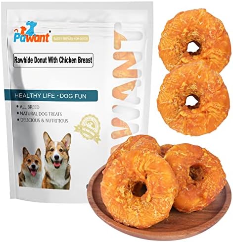 Dog Treats Long Lasting for Large Dog Clean Teeth Chicken Wrapped Rawhide Donuts 1lb/454g by Pawant