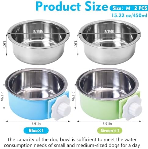 kathson Crate Dog Bowl, Removable Stainless Steel Hanging Pet Kennel Cage Bowl Food & Water Feeder Coop Cup for Puppy, Cat, Rabbit, Guinea Pigs Ferret Bird (2 PCS, Size: M, Blue and Green) - Image 2