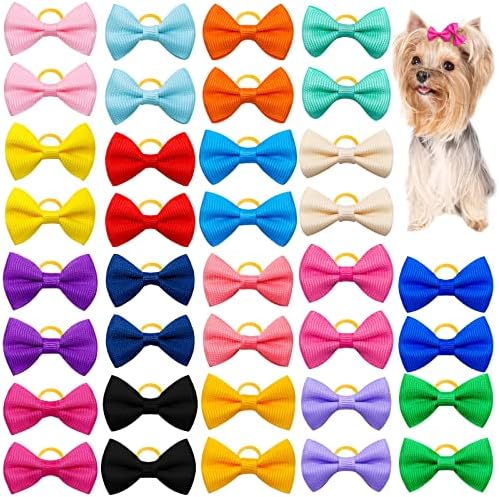 20Pcs/10 Pairs Solid Color Yorkie Dog Puppy Hair Bows with Rubber Bands Hair Accessories Bow Pet Grooming Cute Pet Small Hair Bowknot (Solid Color) by RSACCSKY
