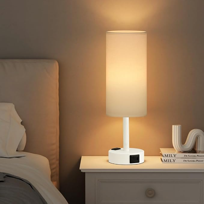Fenmzee Matte White Bedside Table Lamp for Bedroom - 3 Way Dimmable Touch Lamp USB C Charging Ports and AC Outlet, Small Lamp Round Flaxen Fabric Shade for Living Room, Desk, LED Bulb Included - Image 6