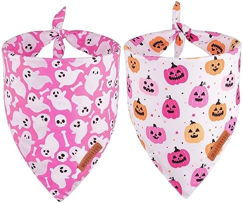 ADOGGYGO Halloween Dog Bandanas Girl, Pink Pumpkin Ghost Dog Scarf, X-Large by ADOGGYGO