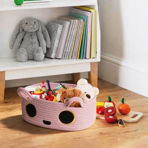 Pink Cat Toy Basket, Small Woven Cat Toy Storage Box with Cute Ears Handle Indoor, Cotton Rope Storage Bin with Embroidered Face for Home Decor, Pet Bed, Baby Nursery Kids Room Organization - Image 7