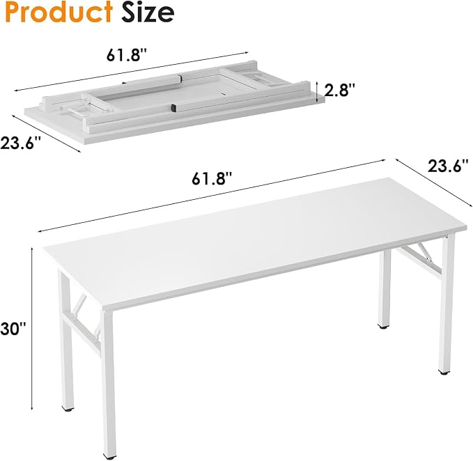 Need Home Office Desk - 62 Inches Large Computer Desk Sturdy Black Table Foldable Desk Gaming Computer Table No Assembly Required AC5DW(157.5 * 60) | White Frame Writing Gaming Work Table/Foldable Home Office Desk/Sewing Table, No Assembly Required - Image 3