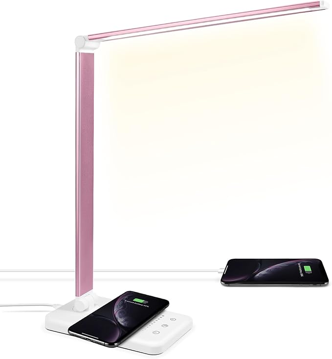LED Desk Lamp with Wireless Charger, USB Charging Port, Desk Lighting with 10 Brightness, 5 Color Modes, Dimmable Eye Caring Reading Desk Lamps for Home Office, Touch Control, Auto Timer, Pink by JOSTIC