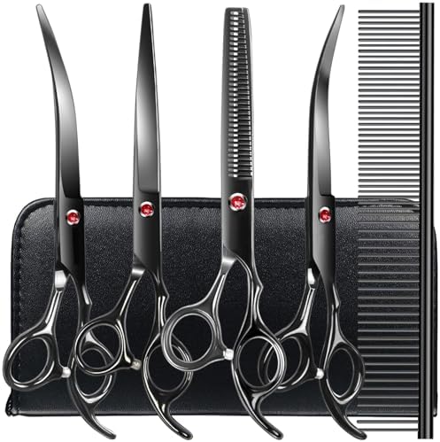 TINMARDA Dog Grooming Kit, Titanium Black Stainless Steel Dog Grooming Scissors with Curved Shears, Black Finger Rings - 5 Piece Sharp Durable Pet Shears for Dogs Cats At Home Salon-Quality Grooming by TINMARDA