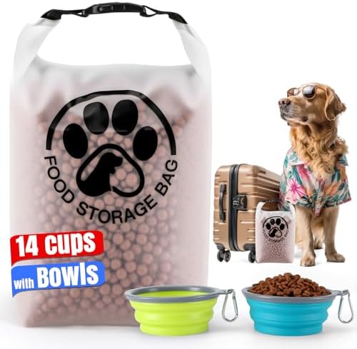 Pet Food Storage Bag for Travel - Transparent Leak-Proof Dog Food Container with Roll-Top Closure, Keeps Kibble Fresh for Camping Trip, Dog Boarding, Weekend Getaways (14 Cups+bowl) by Aosnare