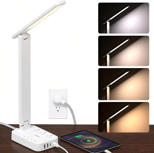 Addtam LED Desk Lamp, Power Strip with 3 Outlets 4 USB Charging Ports(2 USBC), 4 Modes 5 Level Brightness Touch Lamp, Small Desk Lamp for Home Office College Dorm Room Essentials, White by Addtam
