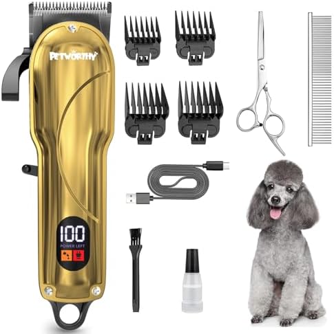 Quiet Dog Grooming Kit - 2000mAh Dog Clippers for Heavy Thick Hair Coats, Waterproof Rechargeable Cordless Clippers, Safe and Easy to Clean Pet Grooming by Petworthy