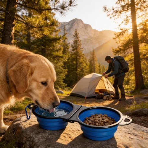 Double Collapsible Dog Bowls for Travel, Food and Water Set with Clip, Blue - Image 7