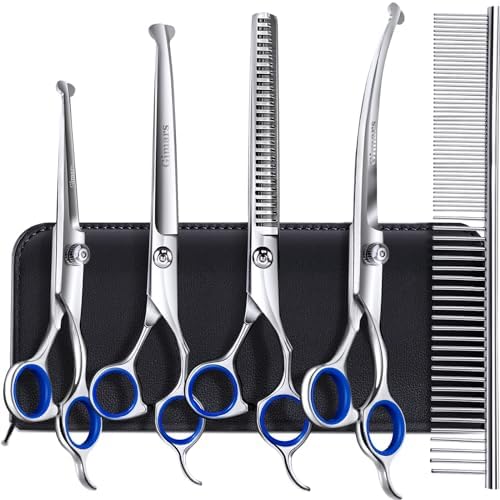 Gimars Titanium Coated Professional 6 in 1 4CR Stainless Steel Dog Grooming Scissors with Safety Round Tip, Heavy Duty Pet Grooming Scissor for Dogs, Cats and Other Animals by Gimars