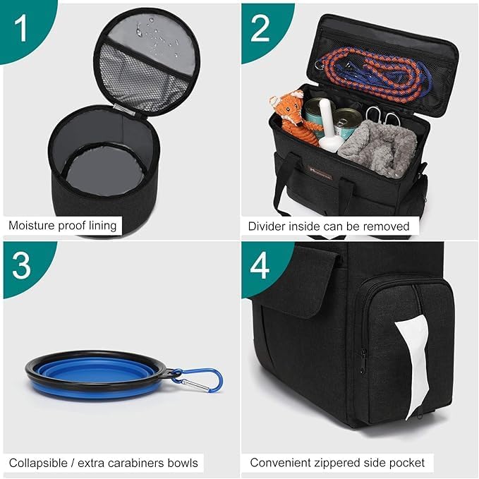 Modoker Weekend Dog Travel Bag Set with 2 Food Bags, 2 Bowls and Mat, Black - Image 4