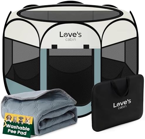 Love's cabin Dog Playpen with Washable Pee Pad, Puppy Pet Cat Playpen Small Dogs Tent Crate Indoor/Outdoor, Portable Pop Up Kennel with Carrying Case for Cats/Rabbits(Moss Green,Small with pad) by Lovescabin