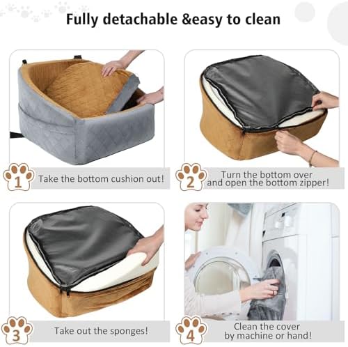 NEEZUKAR Dog Car Seat for Small Medium Dogs,Detachable Washable Dog Booster Seat Under 30lbs, Pet Car Seat Travel Bed with Storage Pockets and Dog Safety Belt(Grey/Brown) - Image 5