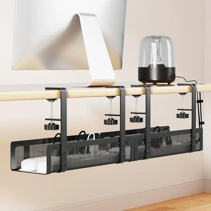 [Upgraded] 2 Pack Cable Management Under Desk Tray, Xpatee 27.6" No Drill Open Slots Cable Management Tray, Cord Wire Organizer Box with Clamp for Table Thickness up to 3" - No Desk Damage(Black) by Xpatee