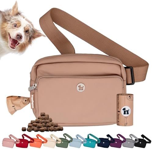 Puppington 3-in-1 Crossbody Dog Walking Bag & Treat Pouch with Matching Planet Safe Poop Bags & Built-In Dispenser - Dog Mom Gift for Puppy Training with Zippered Pockets (Latte Beige) by Puppington