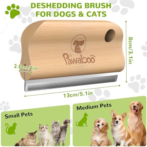 Pawaboo Deshedding Brush for Dogs & Cats – Wooden Grooming Comb for Long Hair, Ergonomic 4-Inch Dog Hair Removal Brush with Hangable Design, Wood - Image 2