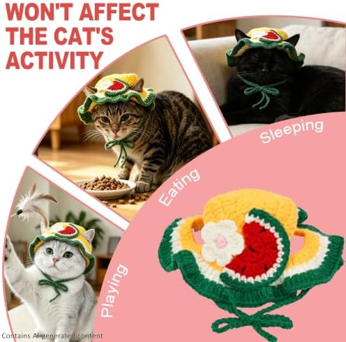 Watermelon Cat Hat, Cotton & Soft Cute Knitted Hats for Cats Birthday Party Spring Christmas Puppy Hat for Small Pets (Green,M) - Image 3