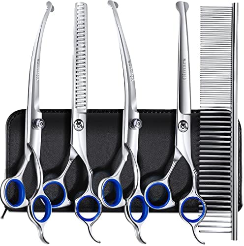Gimars 7.0in Professional 4CR Stainless Steel Safety Round Tip 6 in 1 Dog Grooming Scissors Heavy Duty Titanium Coated Pet Grooming Scissor for Dogs, Cats and Other Animals by Gimars
