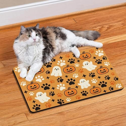 Halloween Dog Food & Water Mat, Orange Pumpkin Ghost Paw Prints Pet Feeding Mat for Floor Non-Slip Waterproof, Super Absorbent Cat Bowl Mat, Easy to Clean Pet Placemat,16" × 24" - Image 6