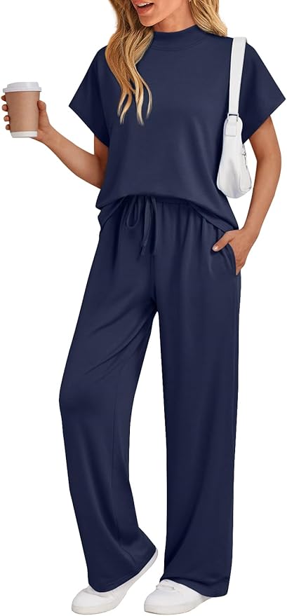 AUTOMET Women's 2 Piece Matching Lounge Sets 2026 Summer Mock Neck Sweatsuits Short Sleeve Loungewear Travel Outfits by AUTOMET
