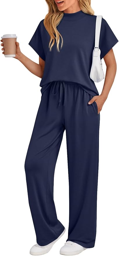 AUTOMET Women's 2 Piece Matching Lounge Sets 2026 Summer Mock Neck Sweatsuits Short Sleeve Loungewear Travel Outfits by AUTOMET