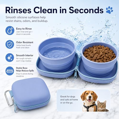 Portable Dog Bowl, Collapsible 2-in-1 Travel Dog Bowls with Carabiner Clip, Silicone Double Pet Food and Water Dish for Outdoor Camping and Hiking (Blue) - Image 4